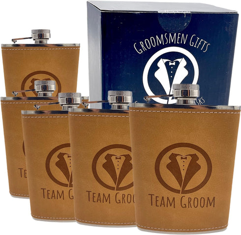 Team Groom Leather Wrapped Hip Flask Bachelor Party Must-Have